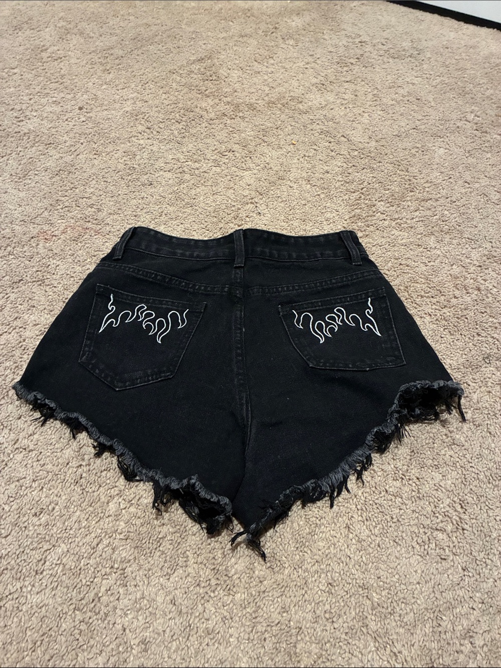 SHEIN Black High-Waist Distressed Denim Shorts with White Flame Pocket Stitch